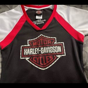 Harley-Davidson V-neck polyester tee with bling. Back of shirt is plain.